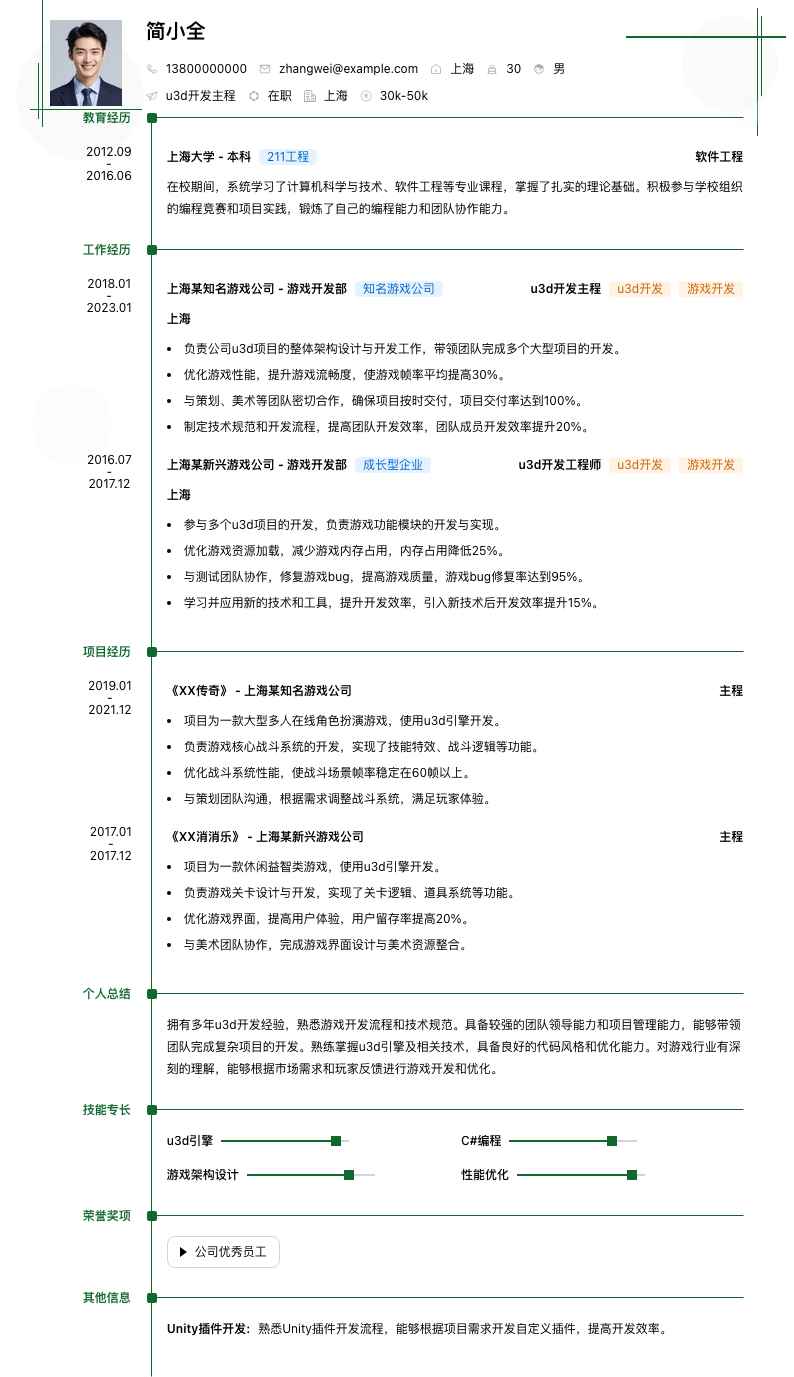 u3d开发主程简历模板