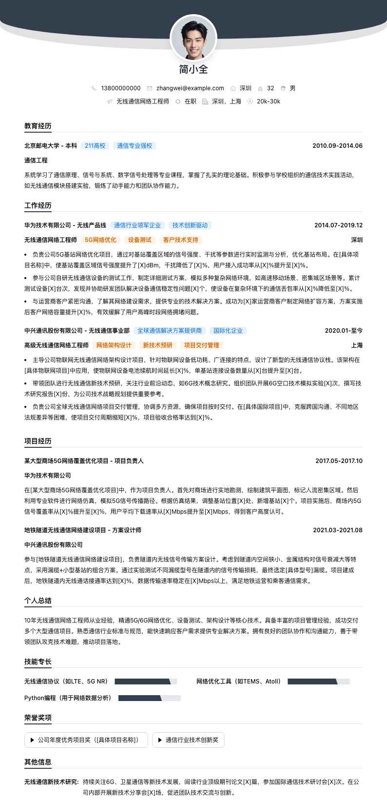 无线通信网络工程师简历模板