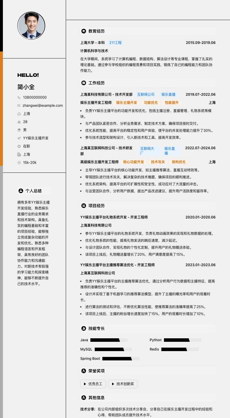 YY娱乐主播简历模板