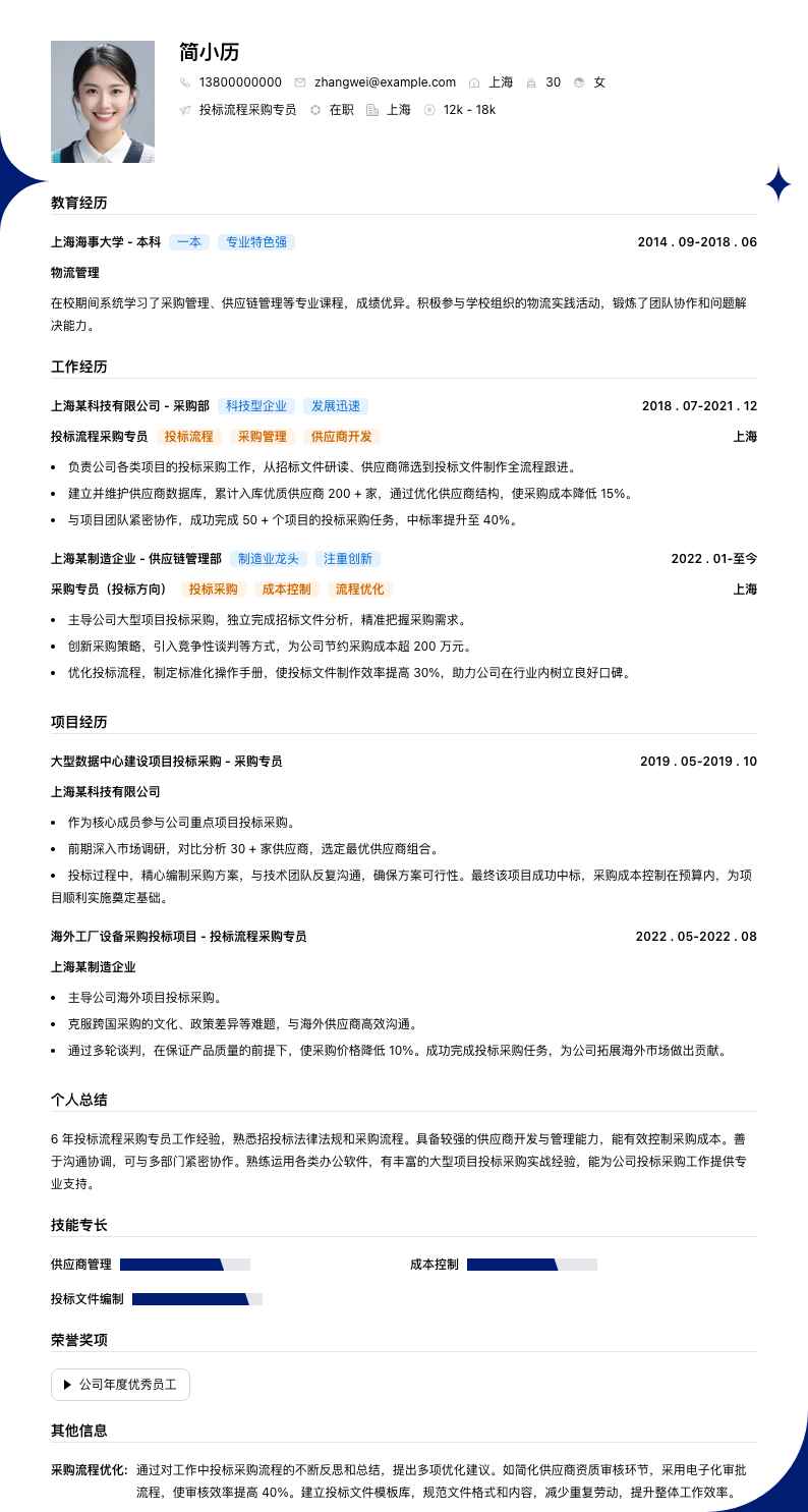 投标流程采购专员简历模板