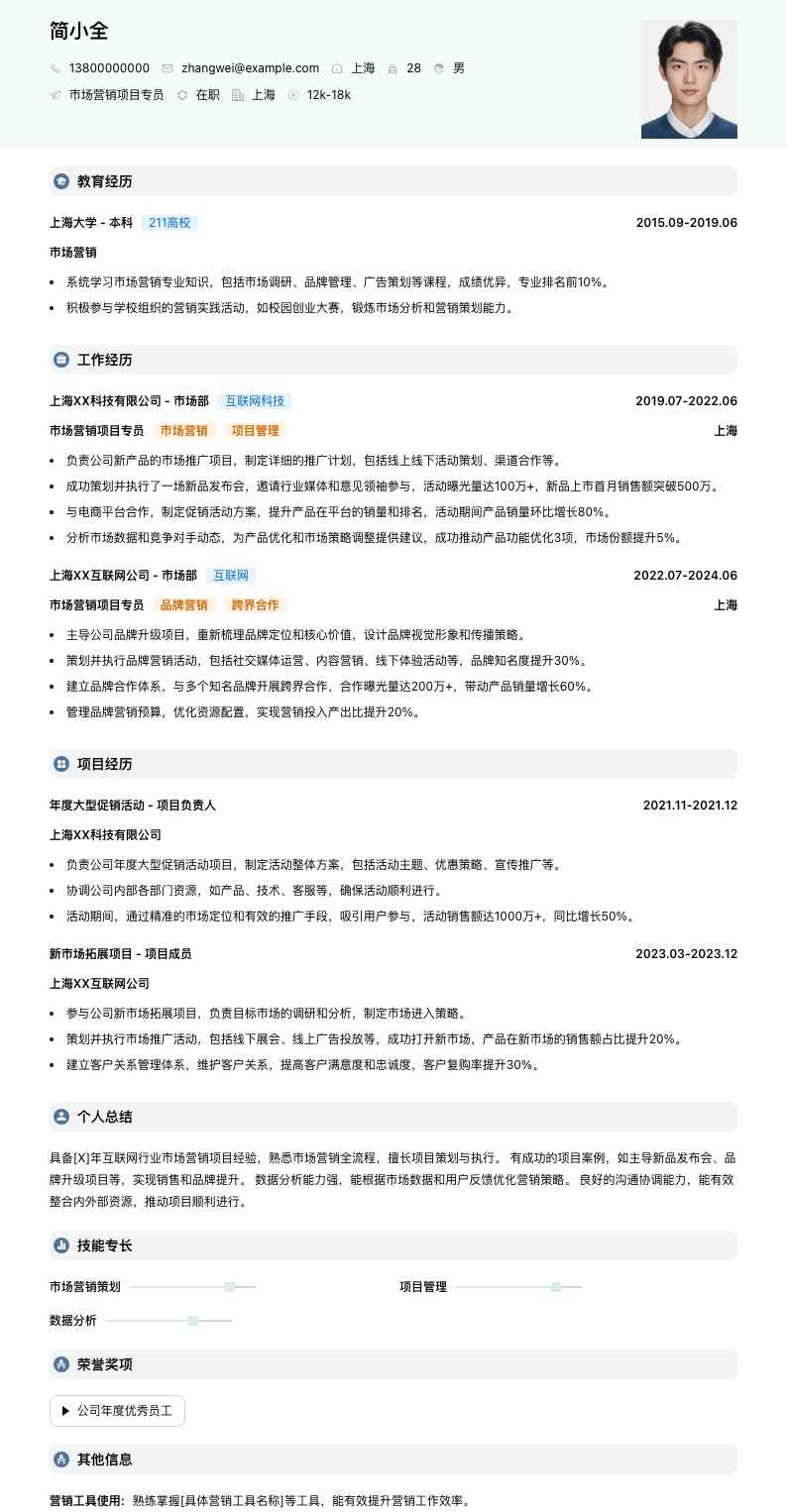 市场营销项目专员简历模板
