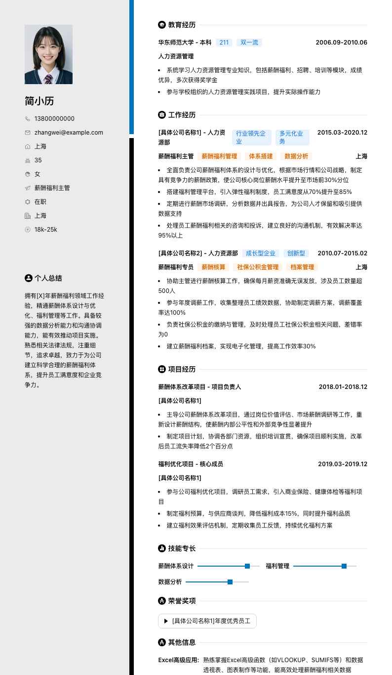 薪酬福利主管简历模板