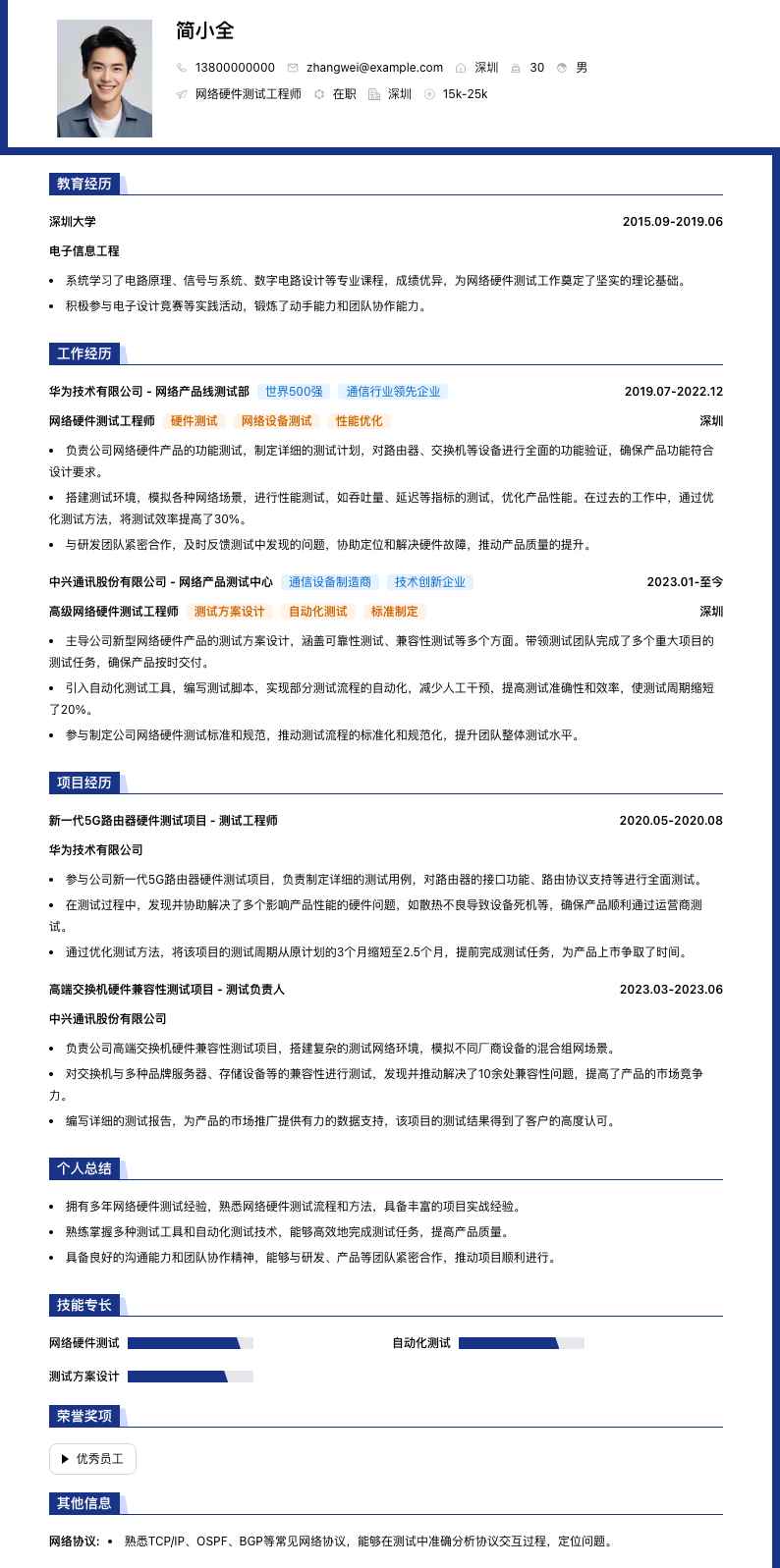 网络硬件测试工程师简历模板