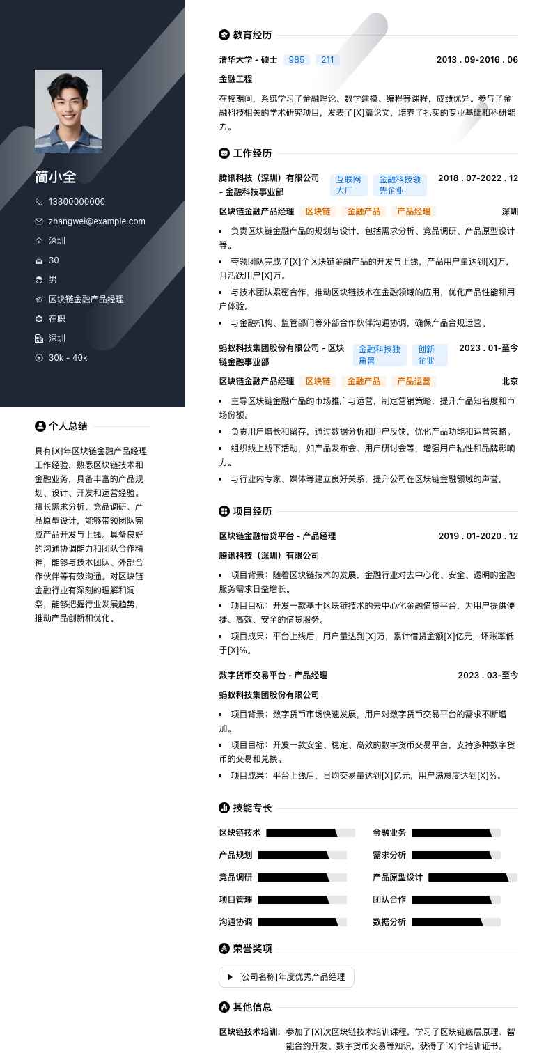 区块链金融产品经理简历模板