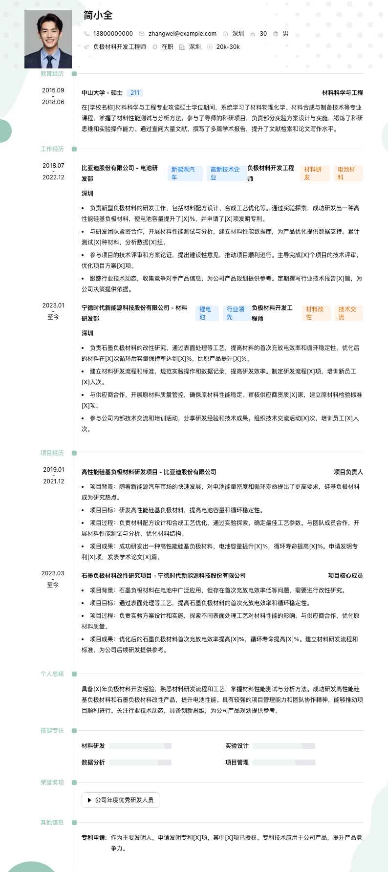 负极材料开发工程师简历模板