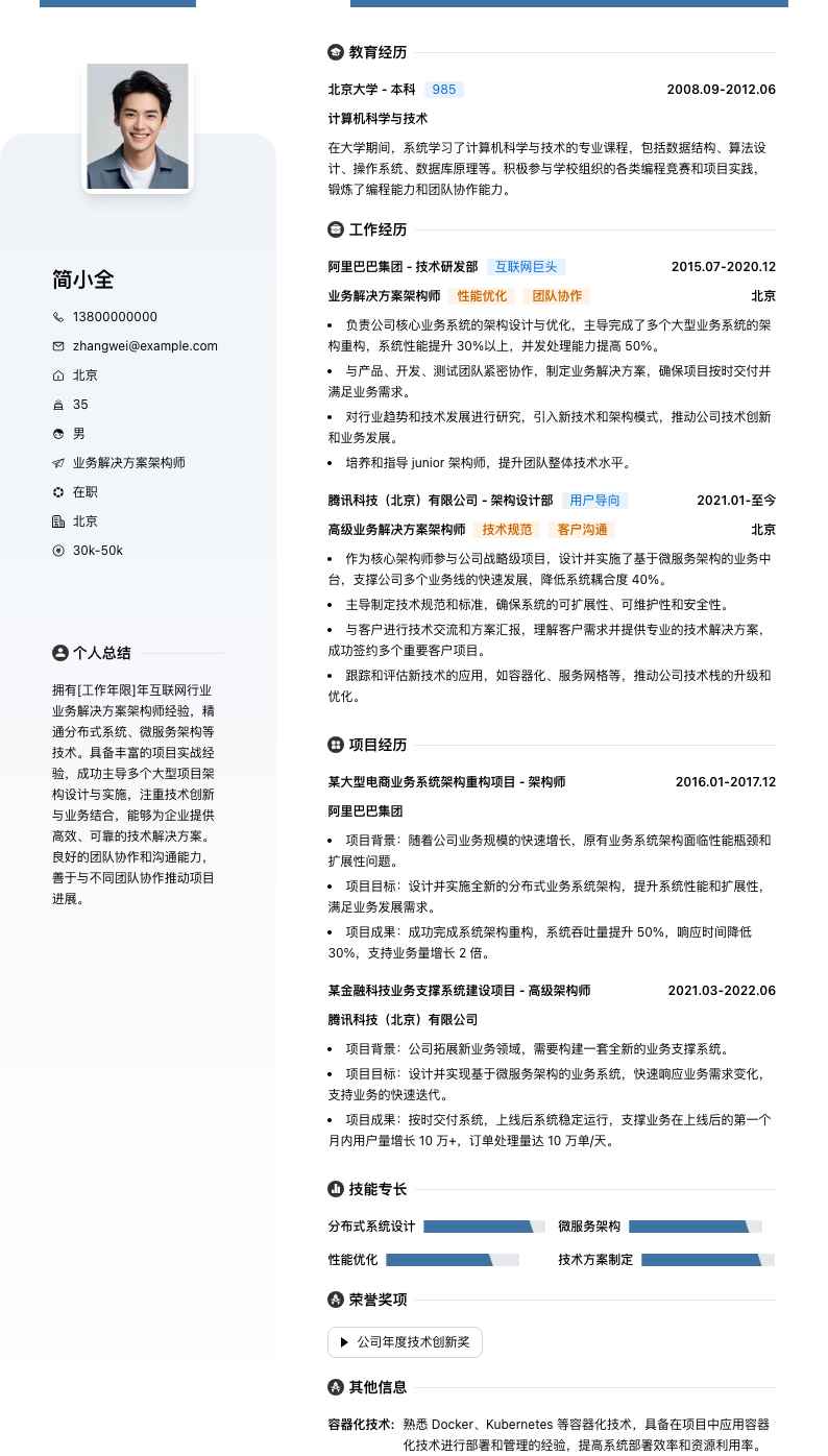 业务解决方案架构师简历模板