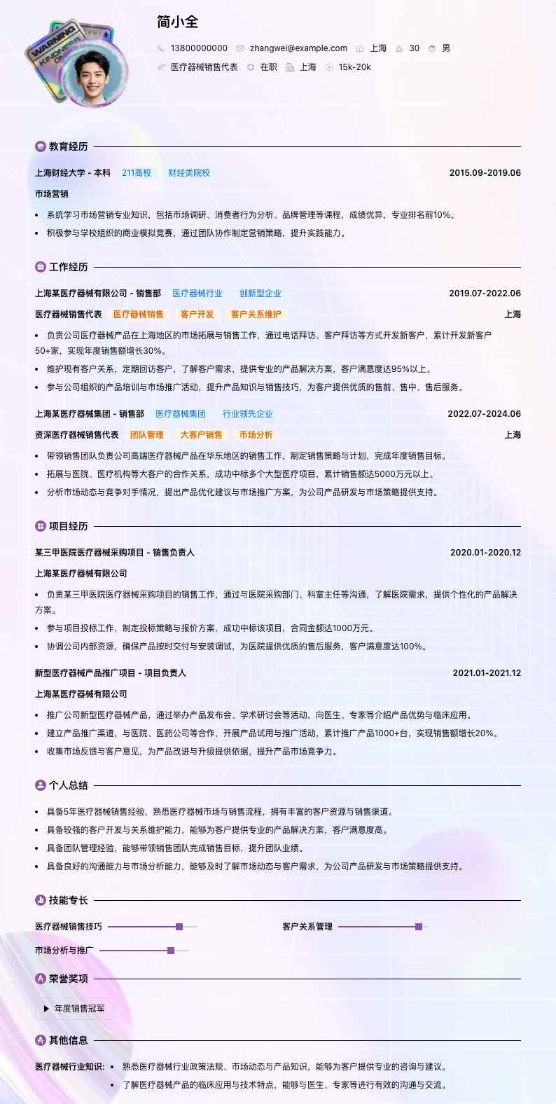 医疗器械销售代表简历模板