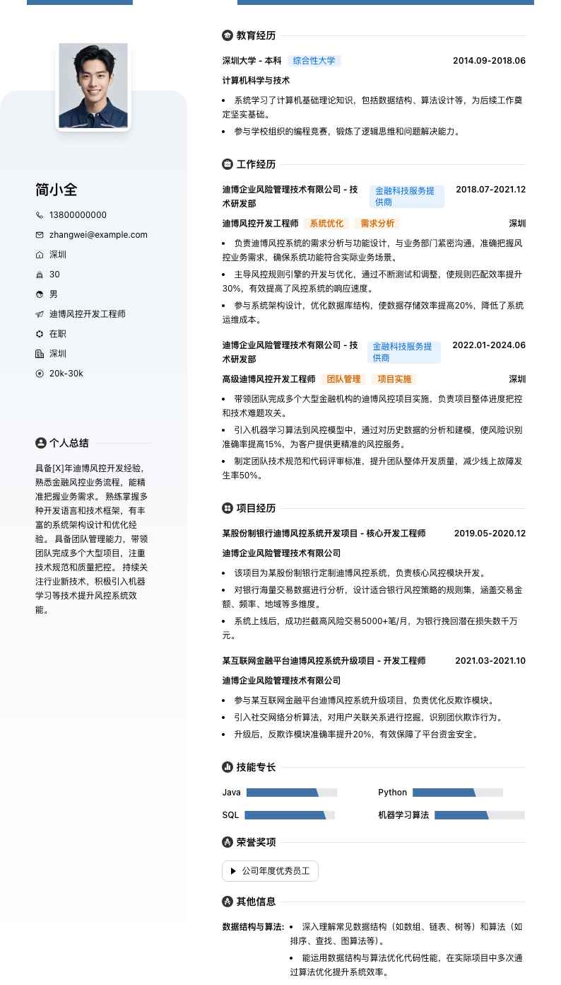 迪博风控简历模板