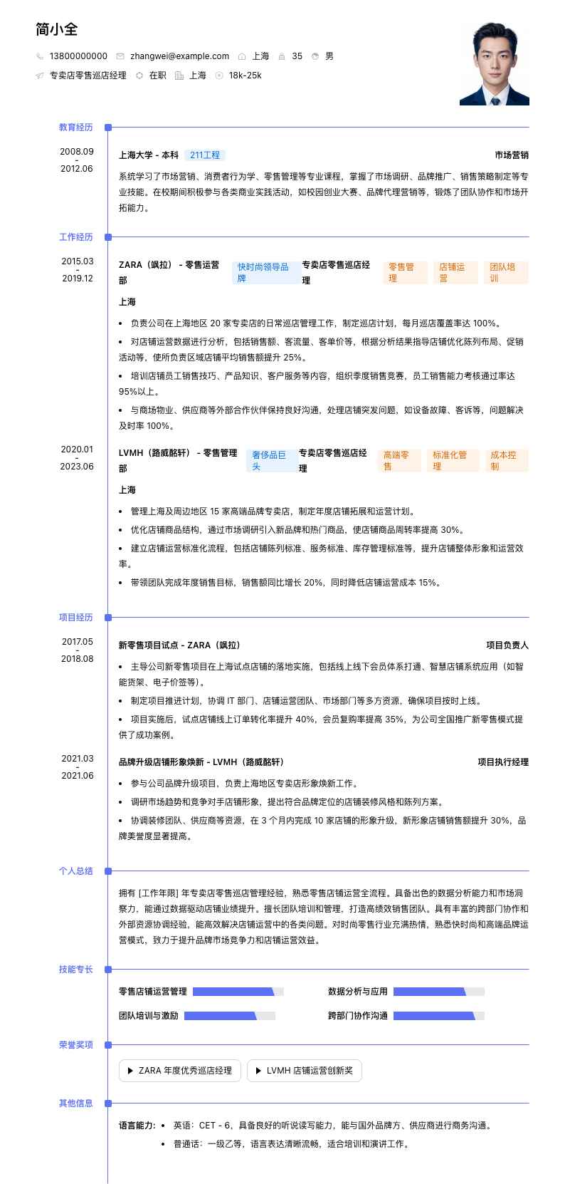 专卖店零售巡店经理简历模板