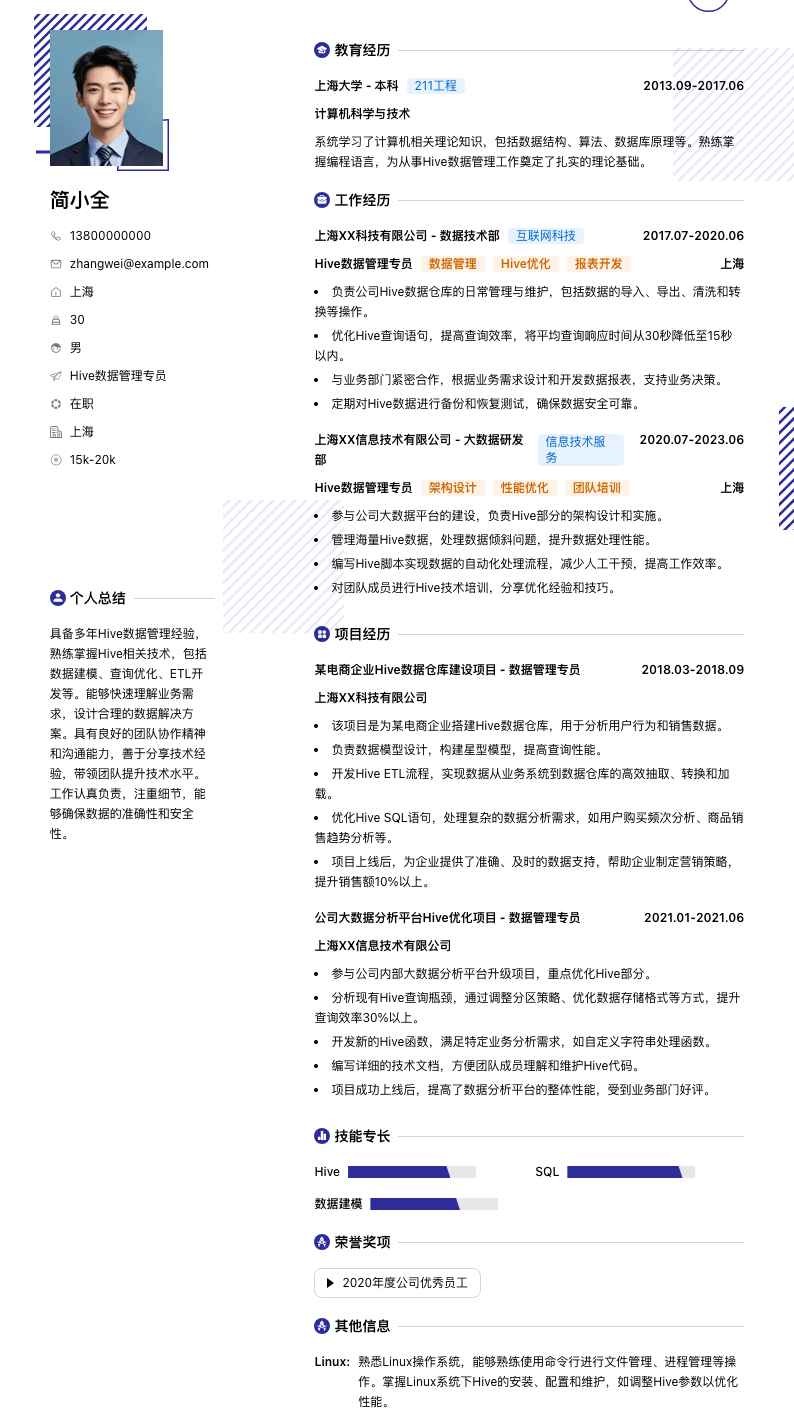 Hive数据管理专员简历模板