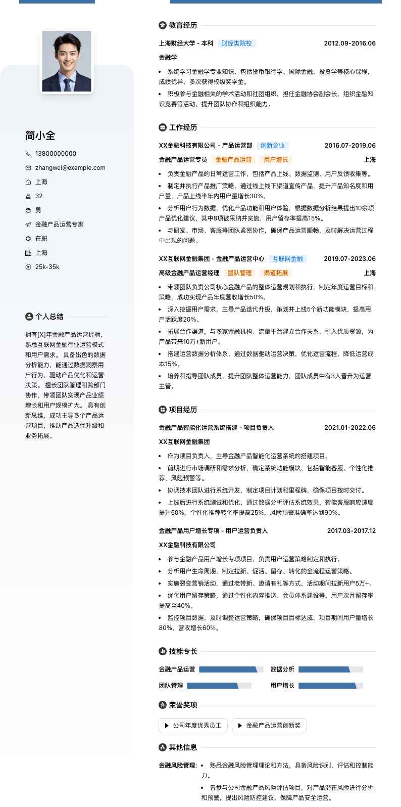 金融产品运营专家简历模板
