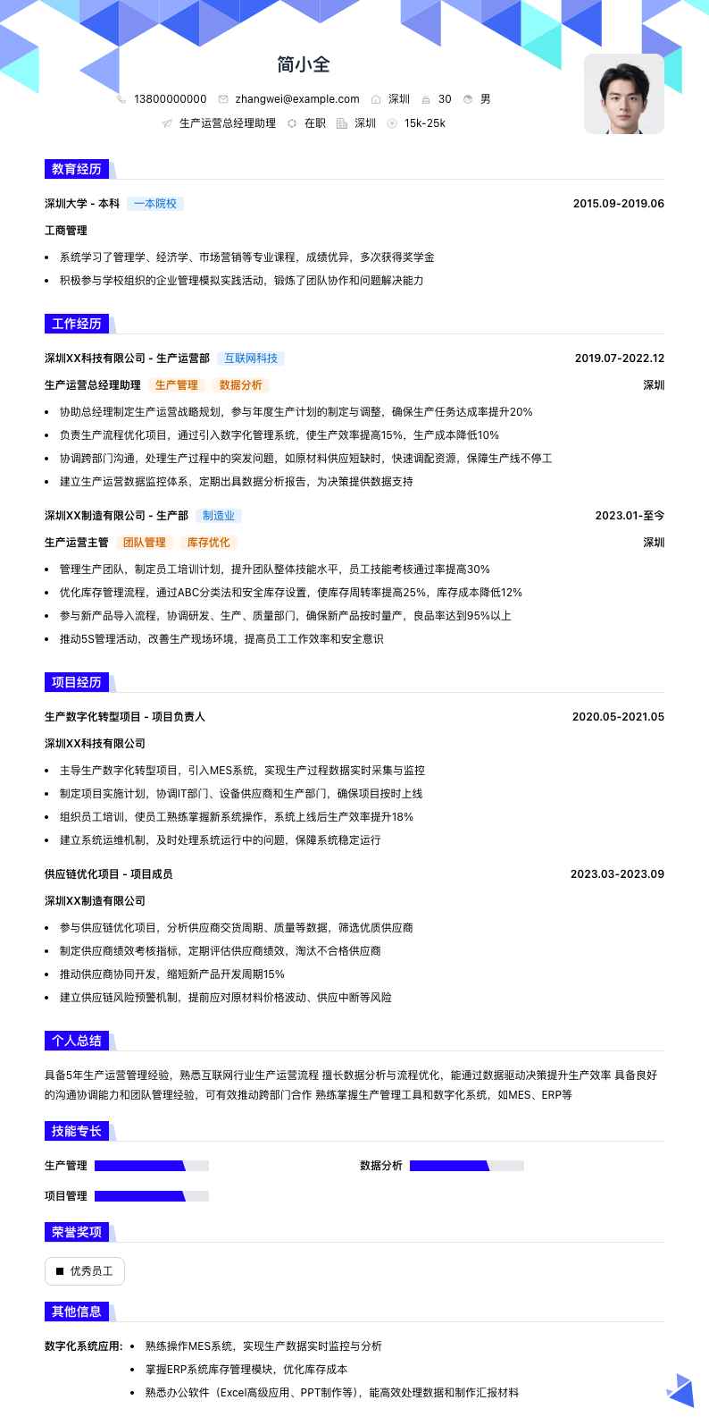 生产运营总经理助理简历模板