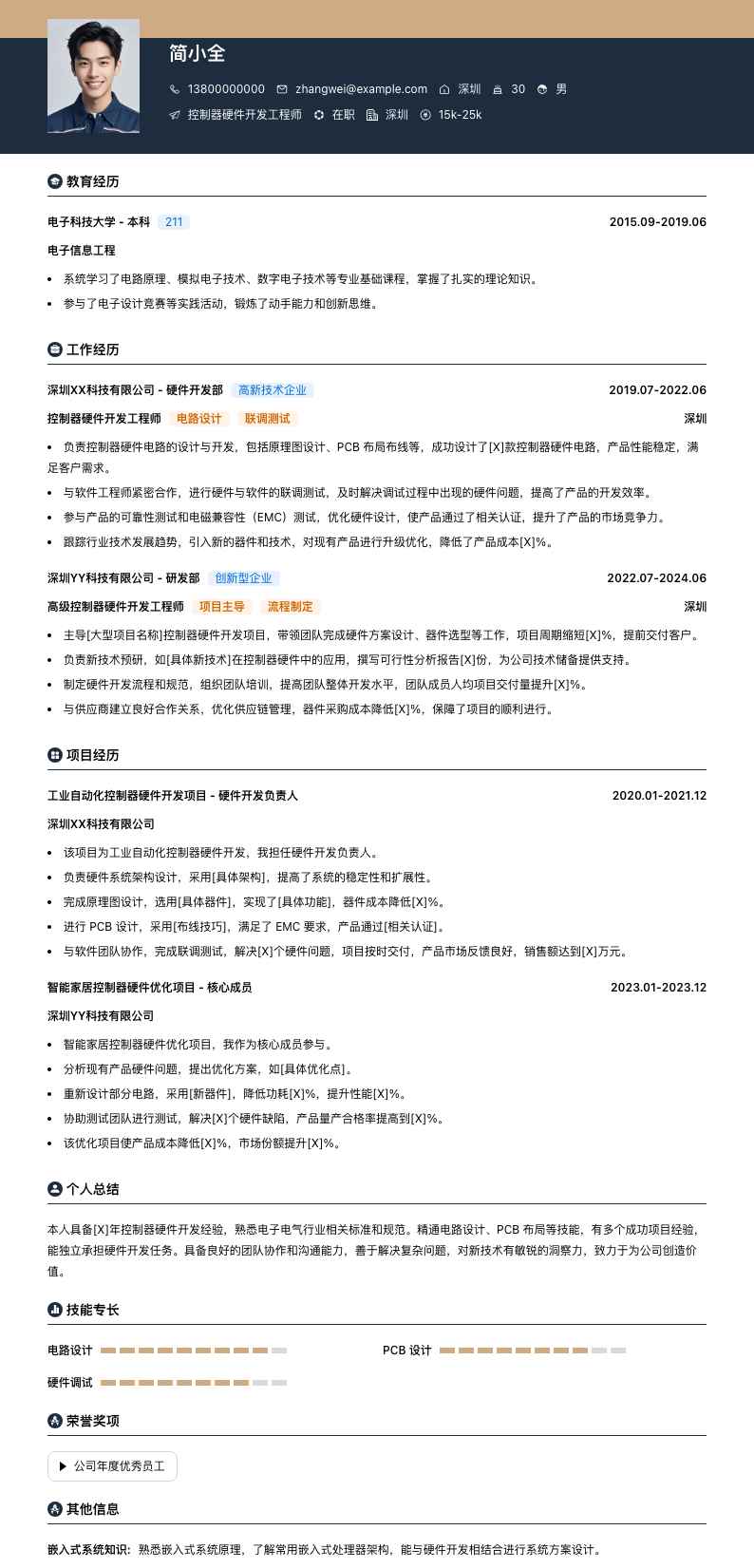 控制器硬件开发工程师简历模板