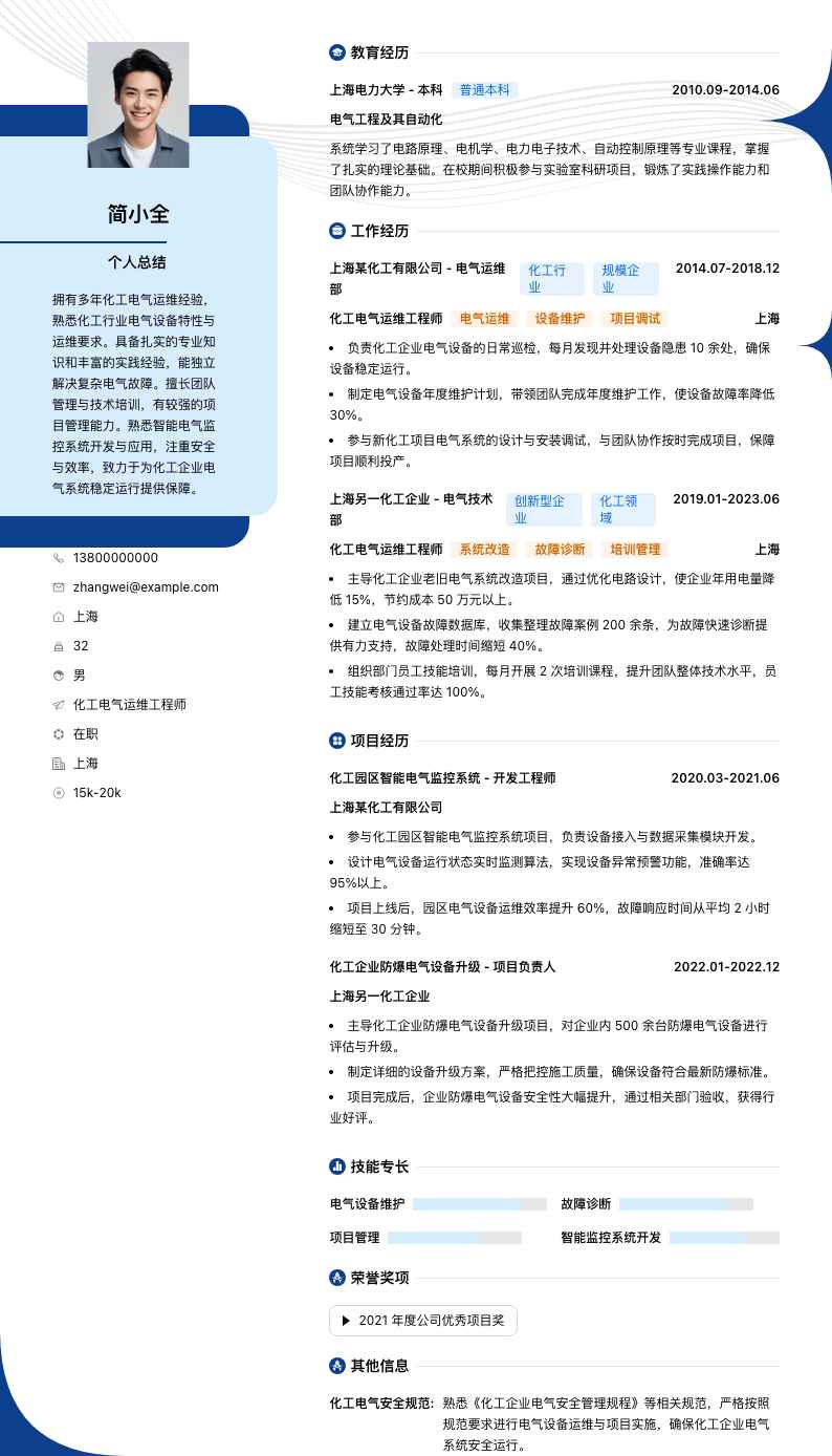 化工电气运维工程师简历模板