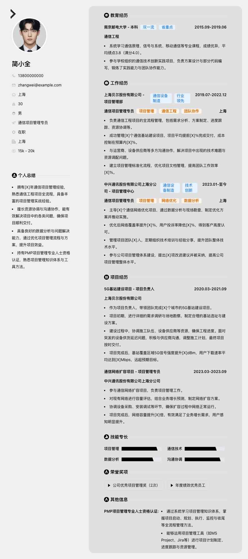 通信项目管理专员简历模板