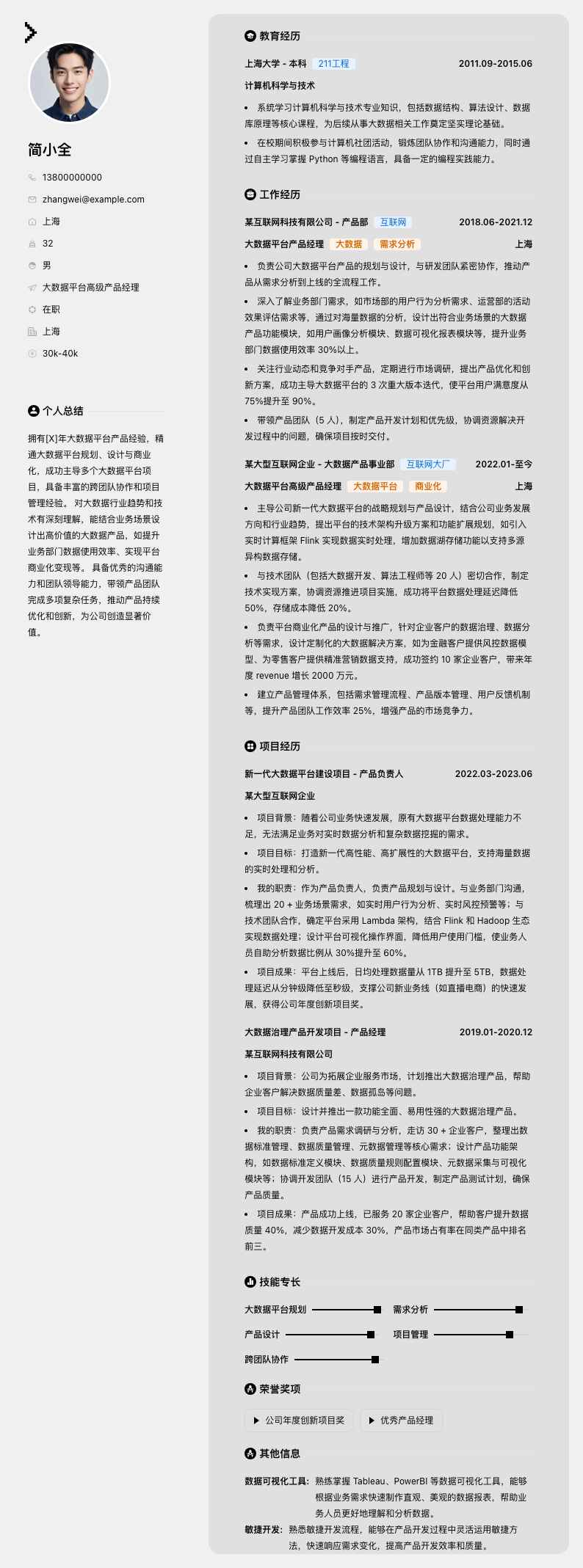 大数据平台高级产品经理简历模板