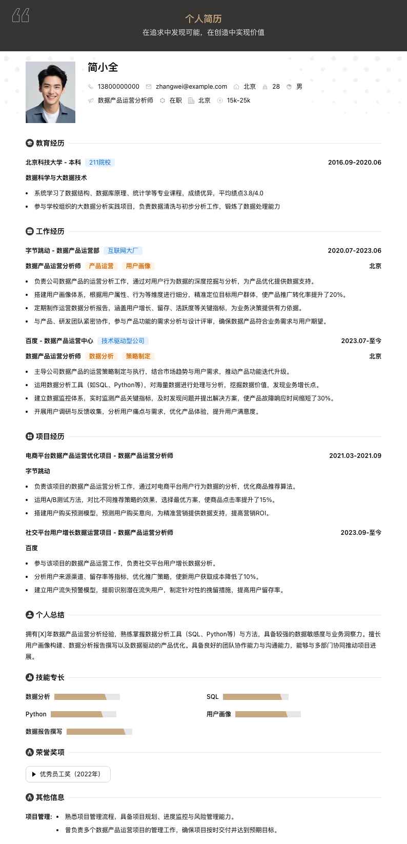 数据产品运营分析师简历模板