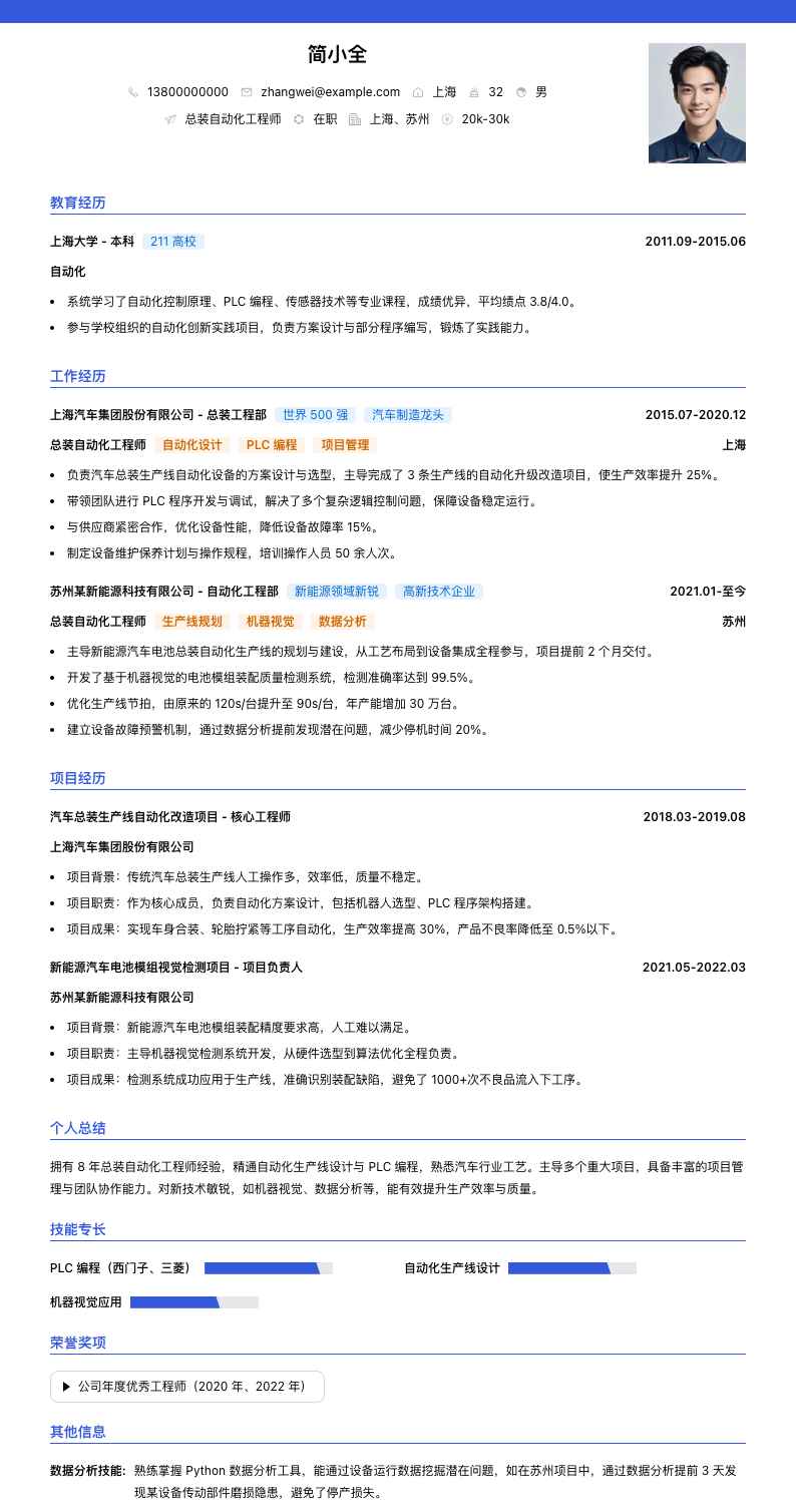 总装自动化工程师简历模板