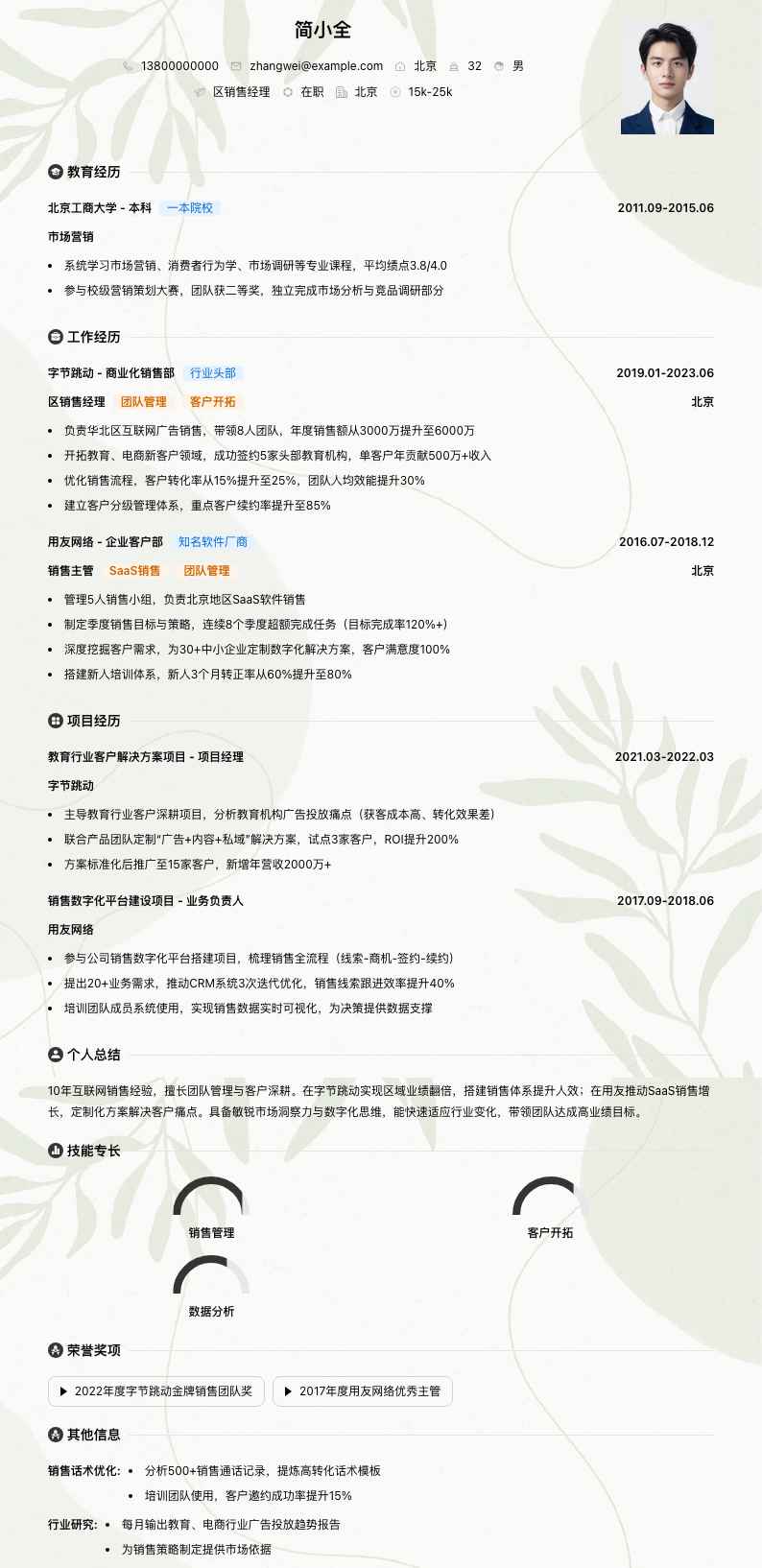 区销售经理简历模板