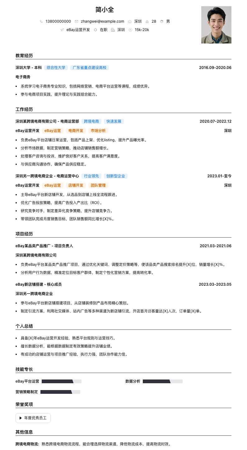 eBay运营简历模板