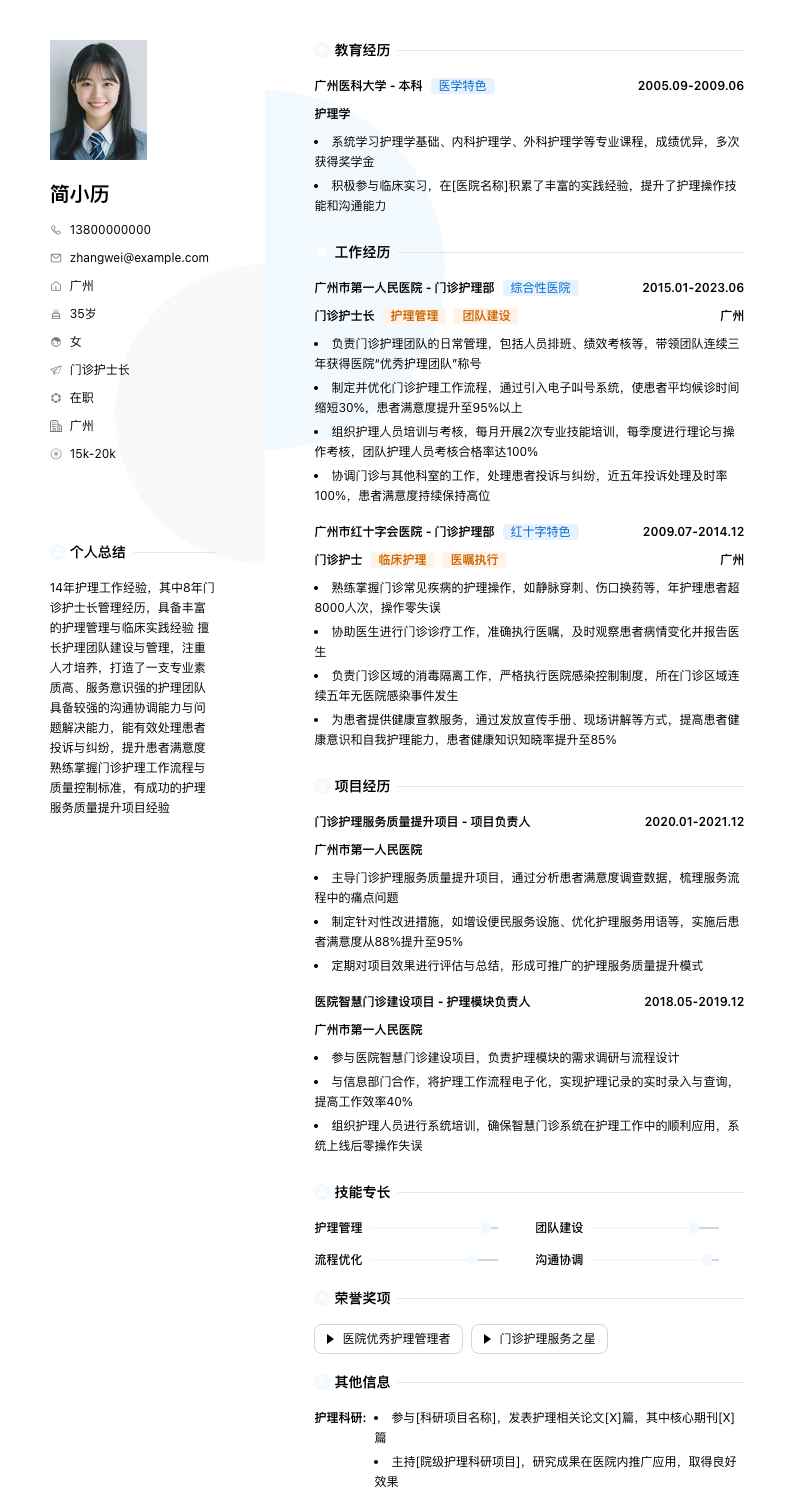 门诊护士长简历模板