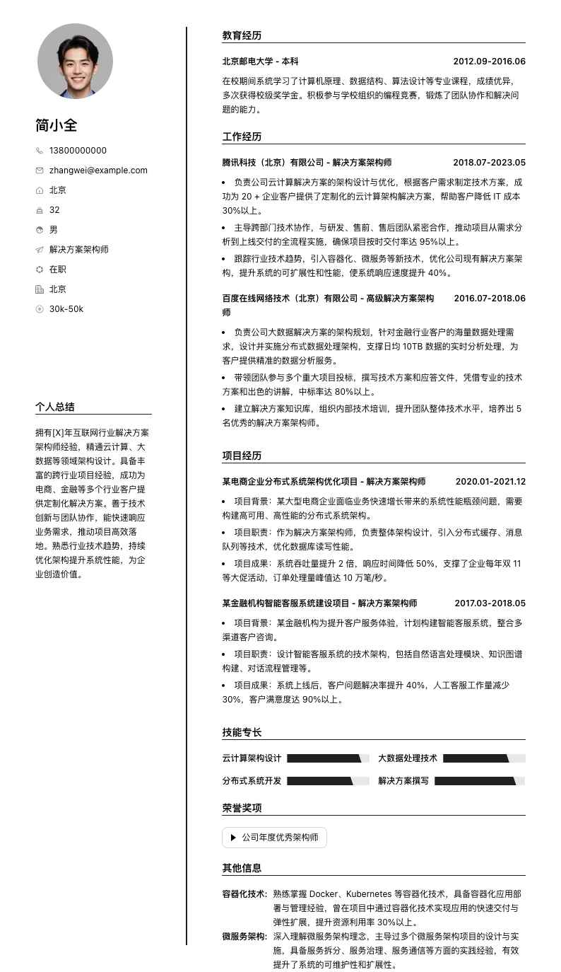 解决方案架构师简历模板
