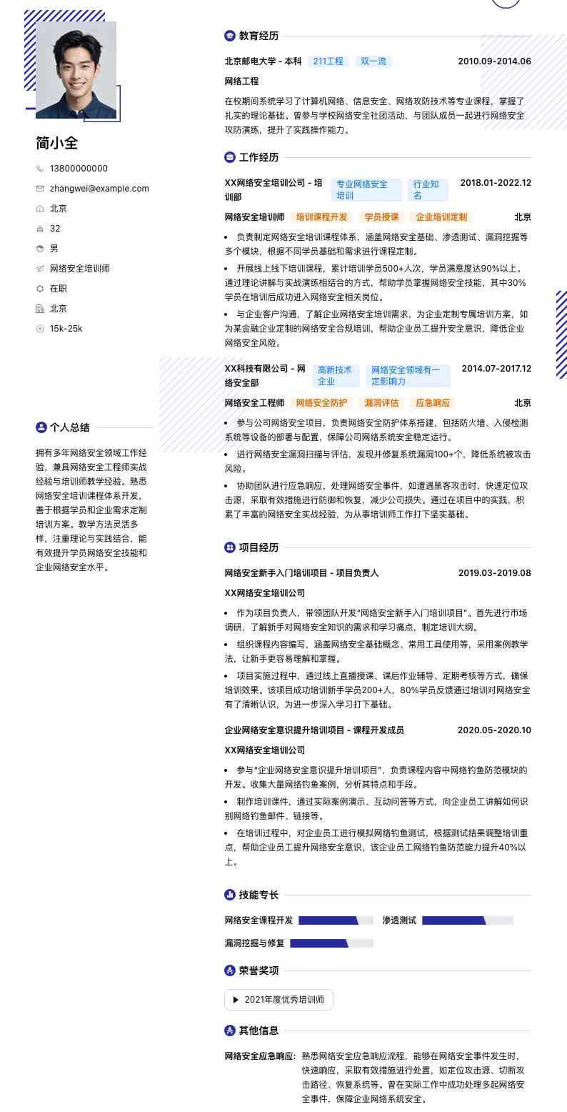 网络安全培训师简历模板