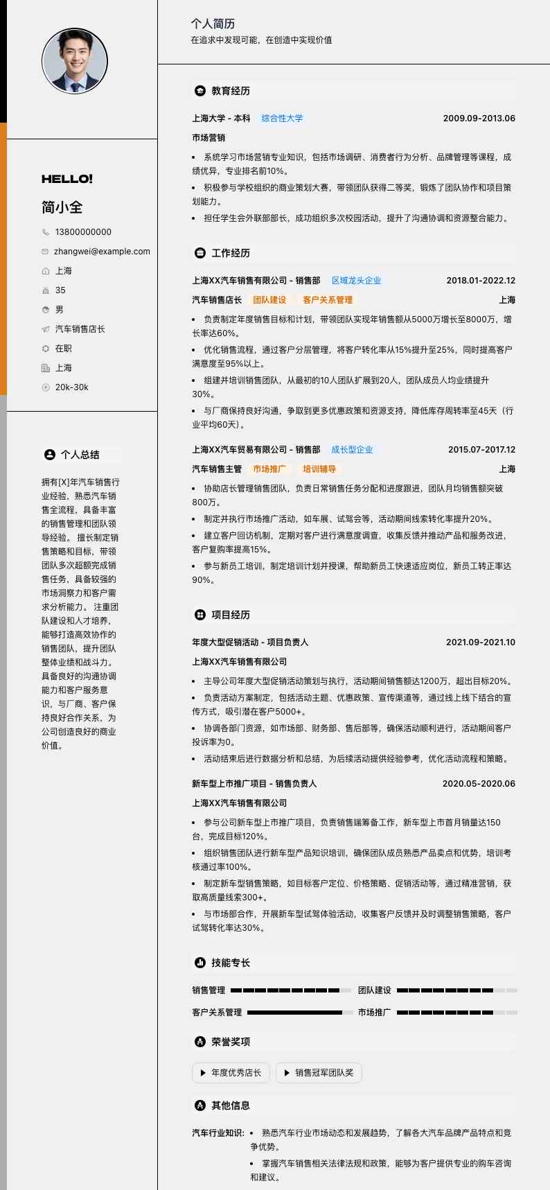 汽车销售店长简历模板