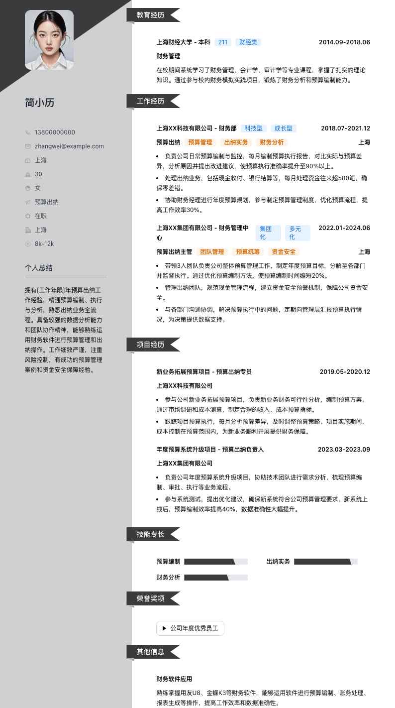 预算出纳简历模板