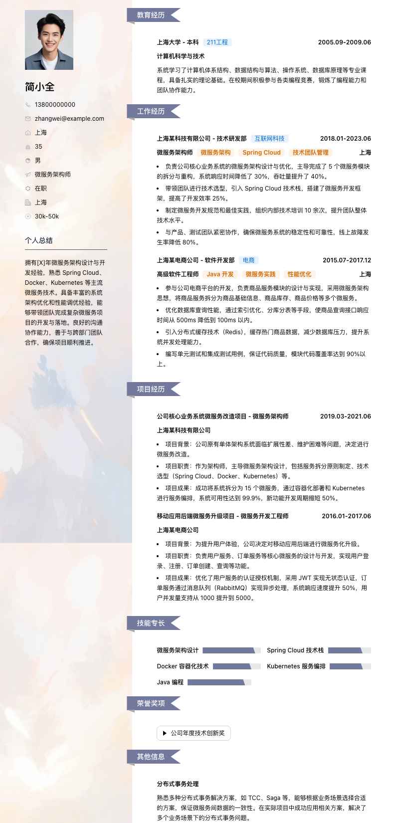 微服务架构师简历模板