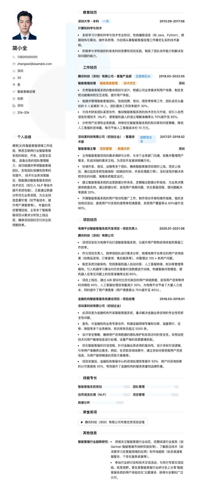 智能客服经理简历模板