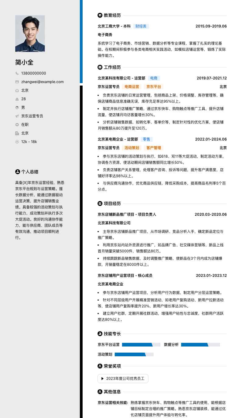 京东运营专员简历模板