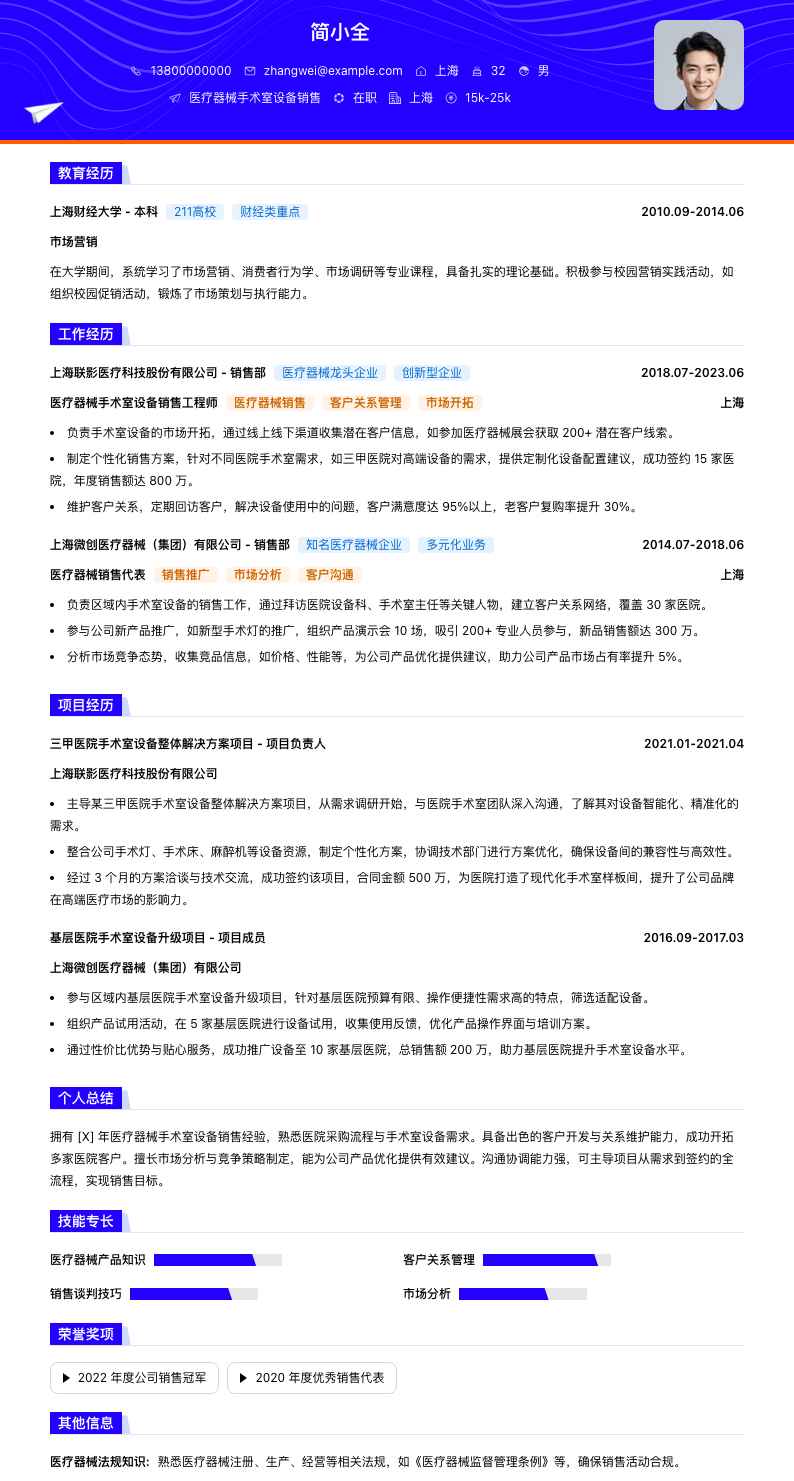 医疗器械手术室设备销售简历模板
