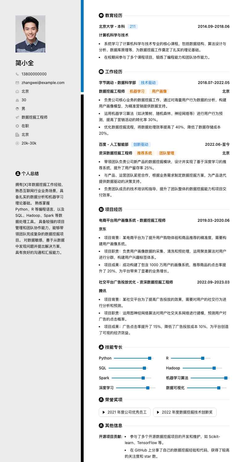 数据挖掘工程师简历模板