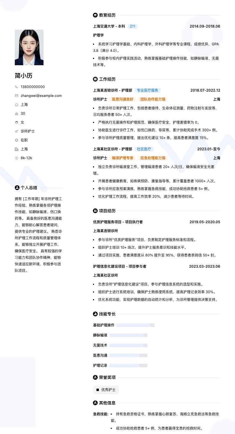 诊所护士简历模板
