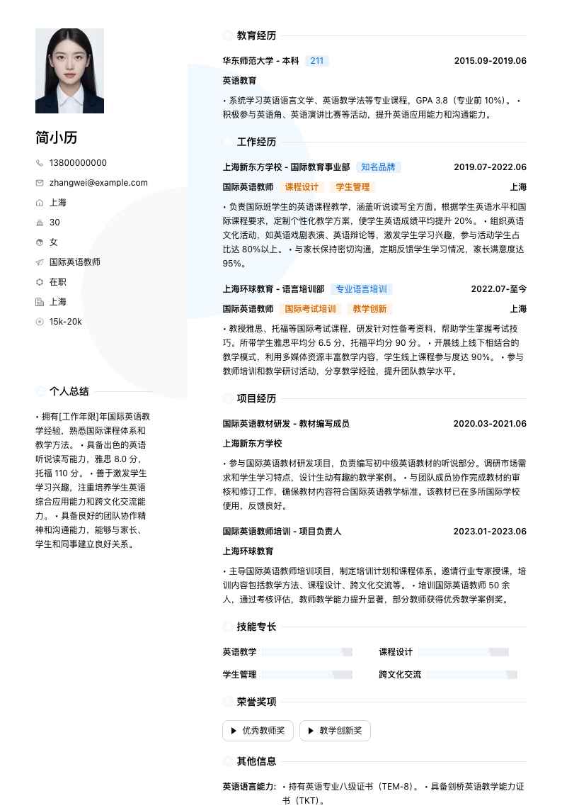 国际英语教师简历模板