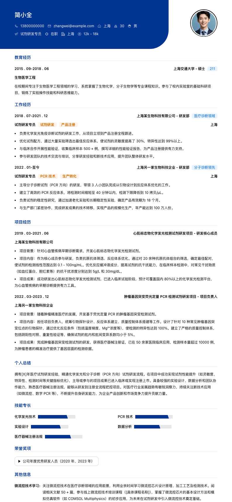 试剂研发专员简历模板