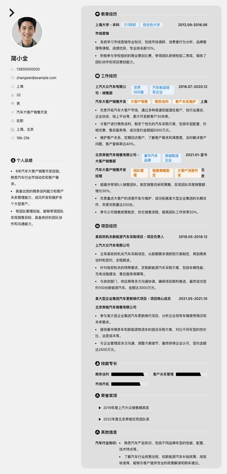 汽车大客户销售简历模板