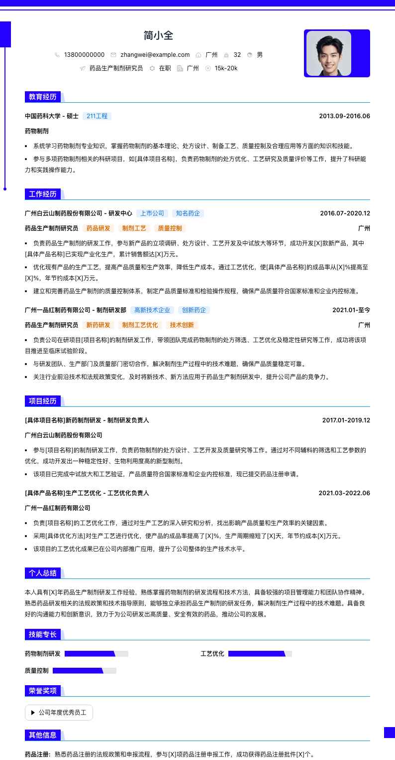 药品生产制剂研究员简历模板