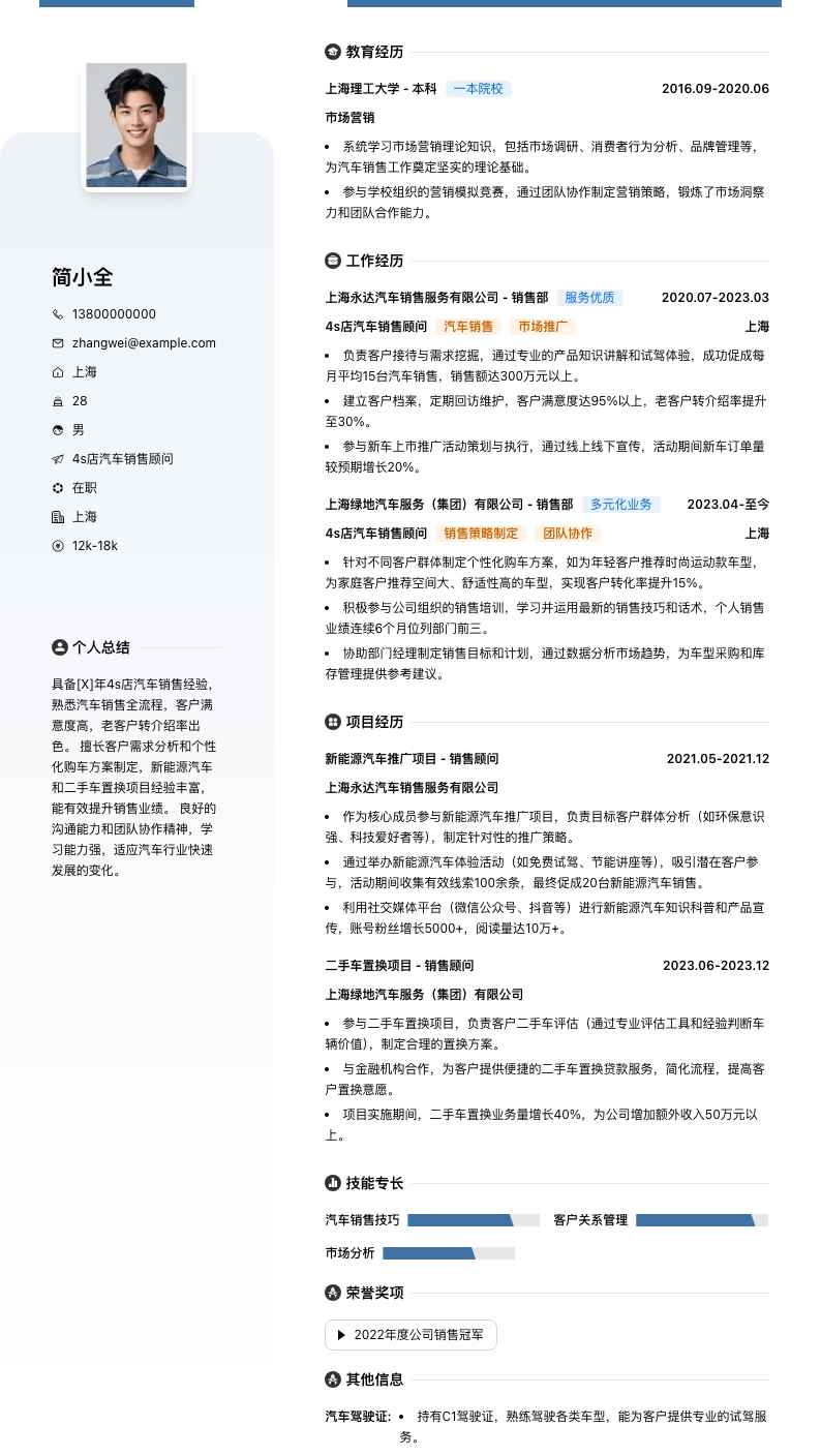 4s店汽车销售顾问简历模板