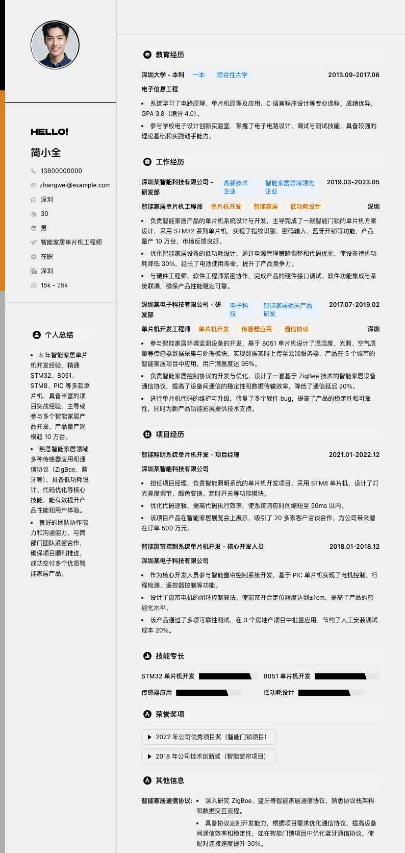 智能家居单片机工程师简历模板