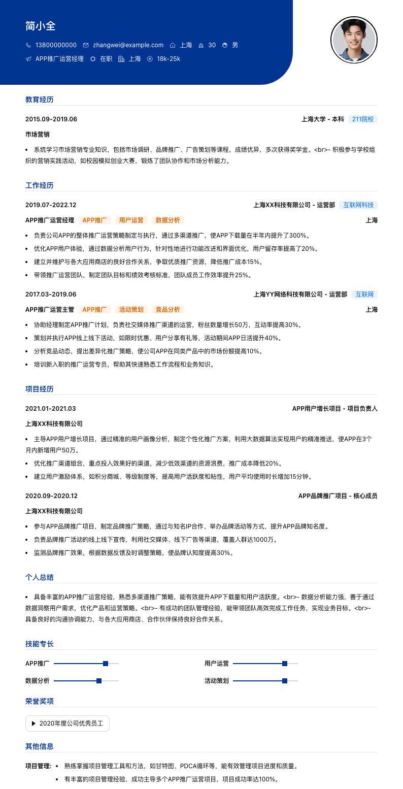APP推广运营经理简历模板
