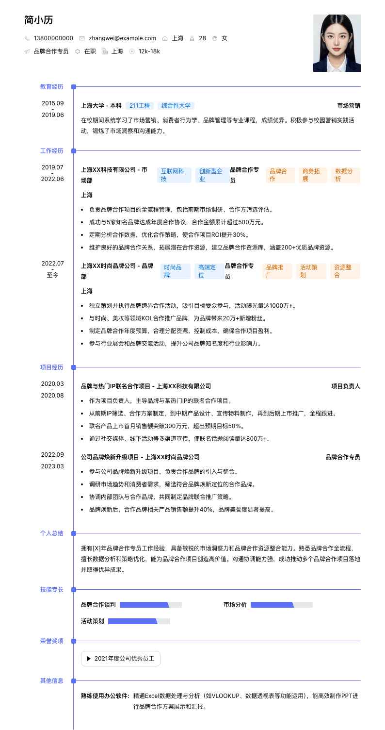 品牌合作专员简历模板