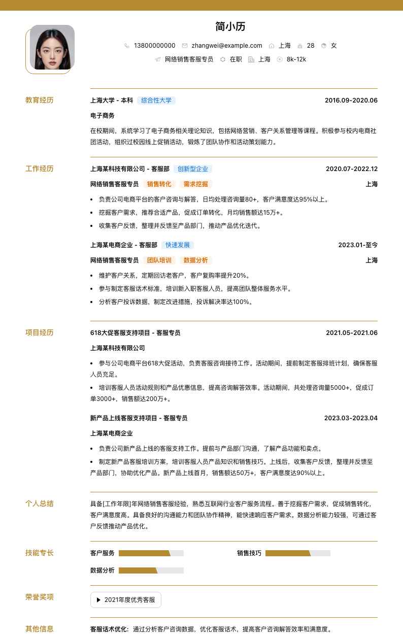 网络销售客服专员简历模板