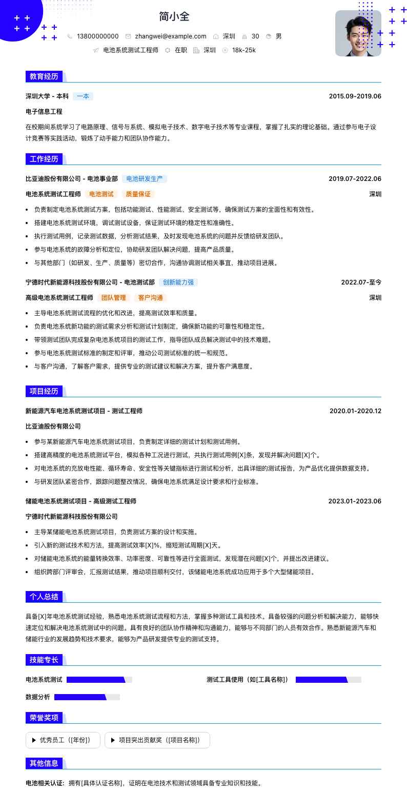 电池系统测试工程师简历模板