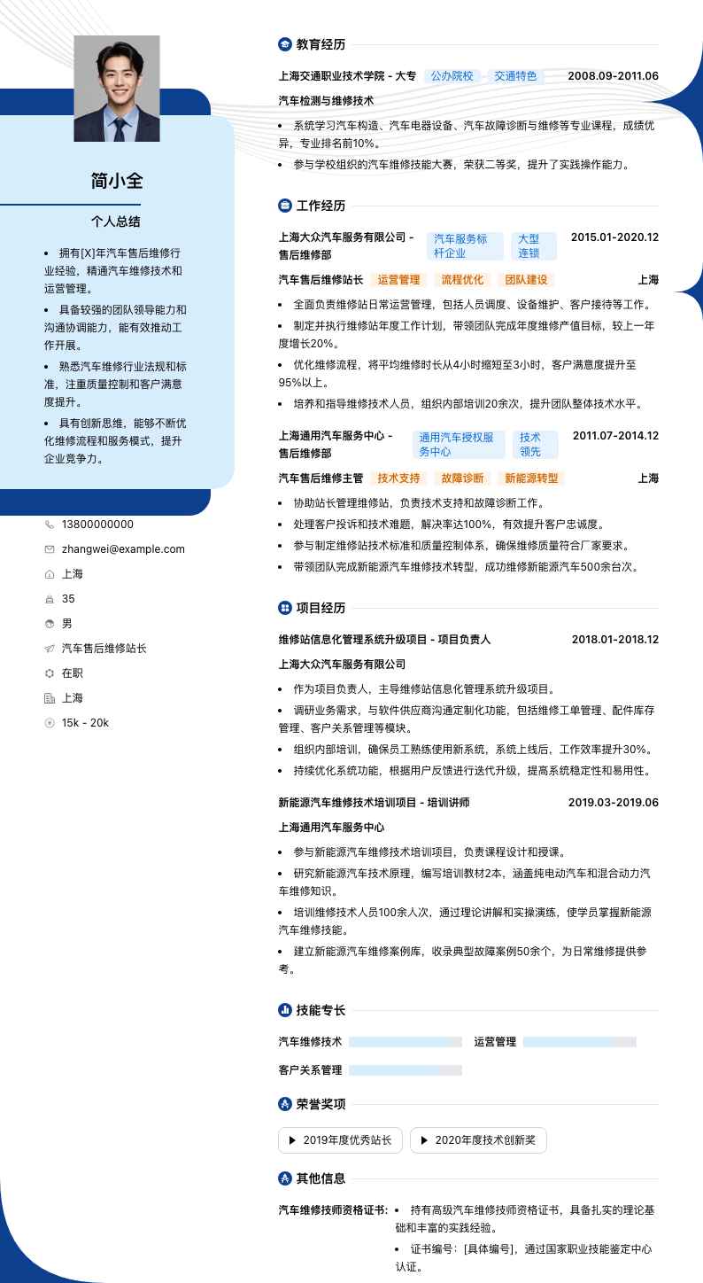 汽车售后维修站长简历模板