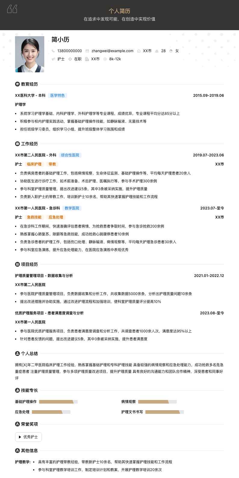 二甲医院护士简历模板