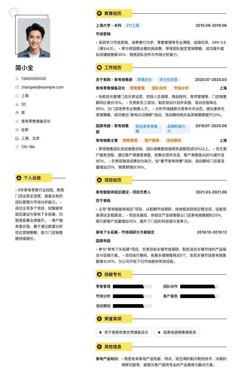 家电零售储备店长简历模板