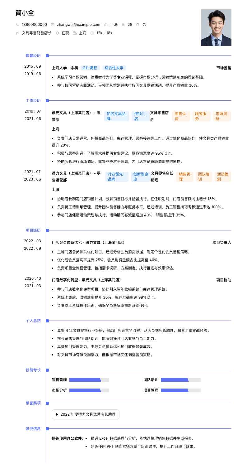 文具零售储备店长简历模板