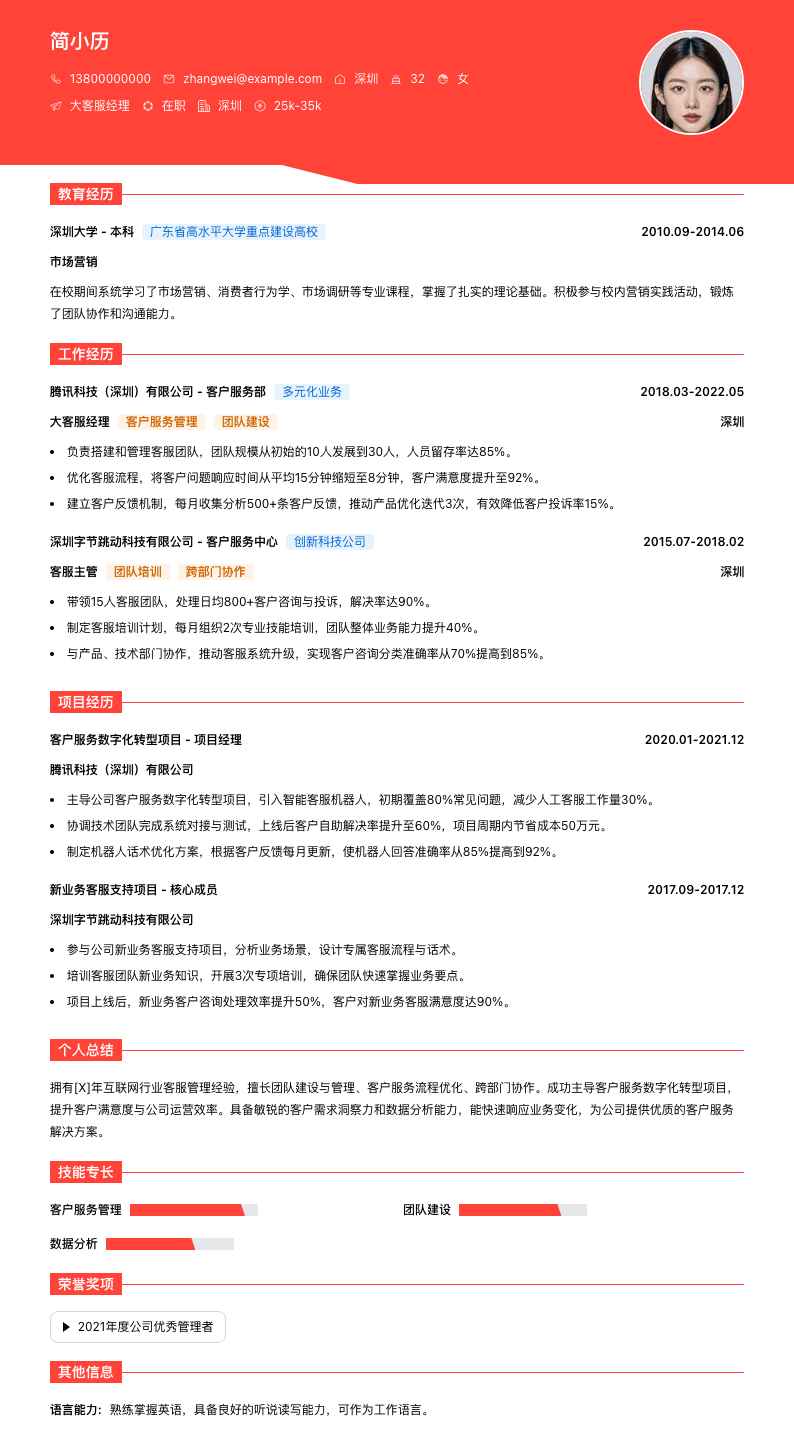 大客服经理简历模板